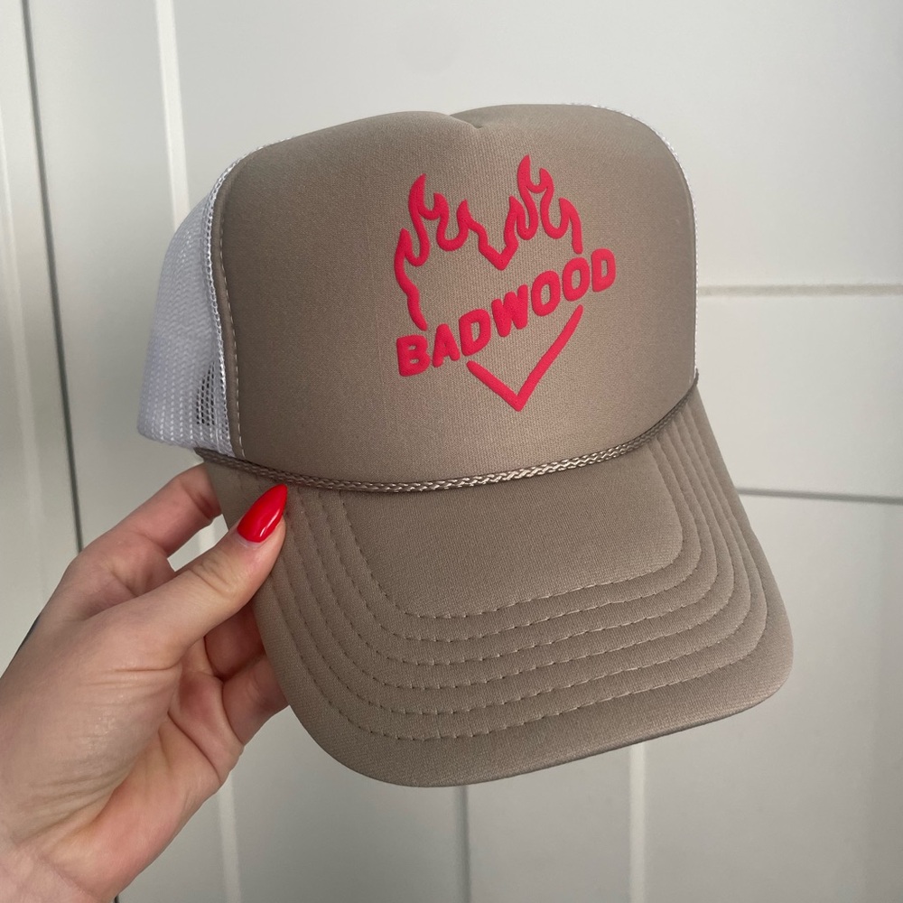 Badwood Heart Flame Tan White and Red Trucker Hat